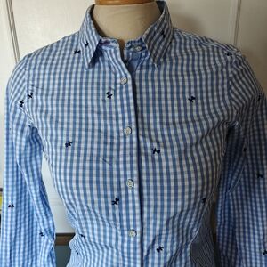 Brooks Bros Blue & White Gingham Shirt w. heart flower embroidered details Sz 2